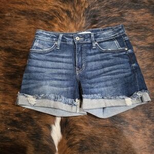 KanCan Dark Blue Jean Shorts with Frayed Hem